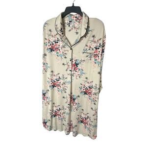Flora Women's L Long Sleeve Pajama Shirt Dress Beige Pink Floral Nightie PJ New